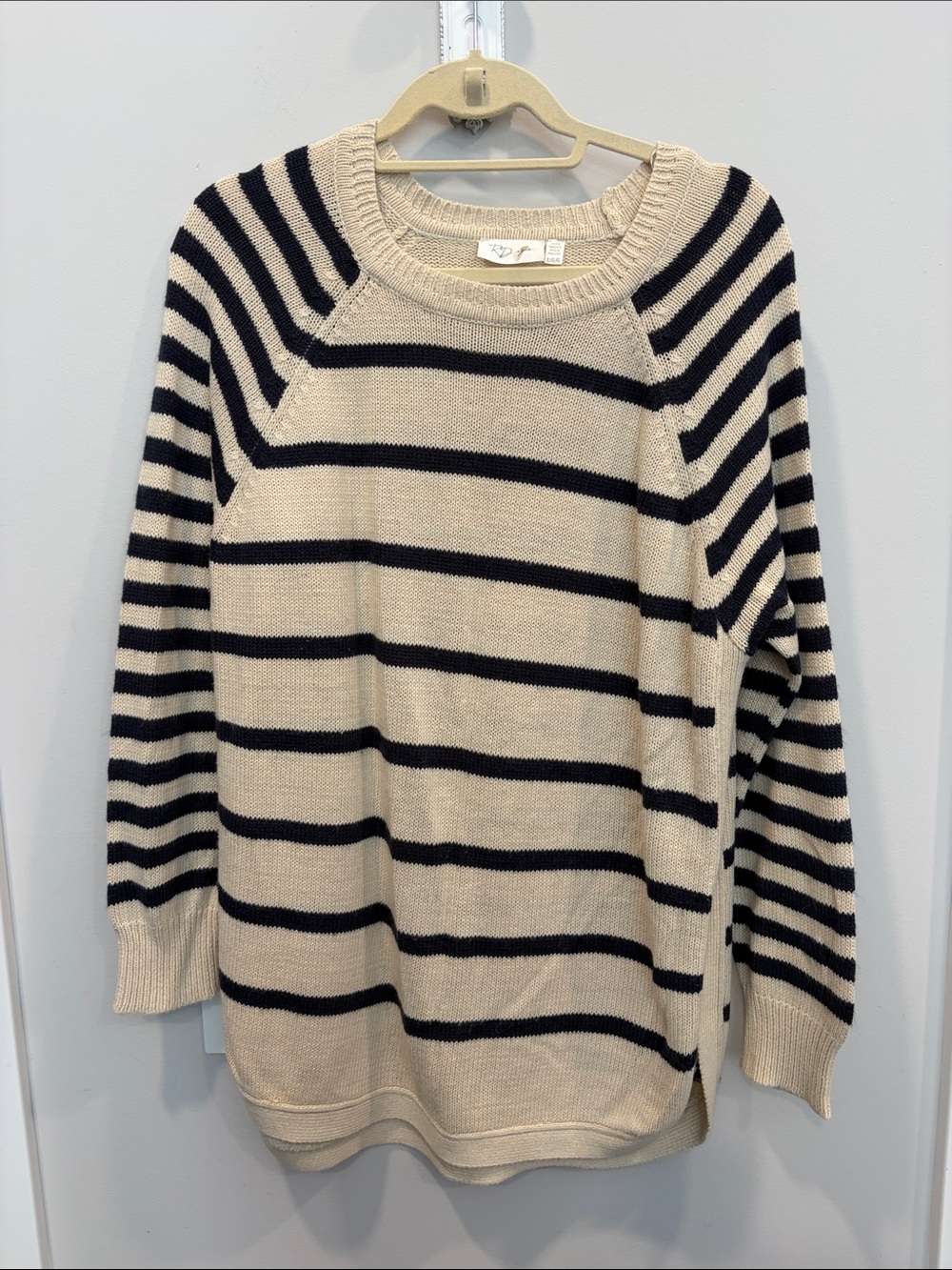 RD Style Navy and Tan Striped Raglan Crewneck Sweater